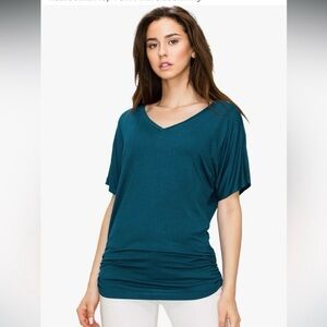 Made by Johnny Teal Ruched Side V Neck Dolman Top Size XL